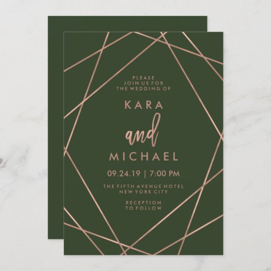 Invitation Faux Rose Gold Géométrique | Mariage vert profond (Devant / Derrière)
