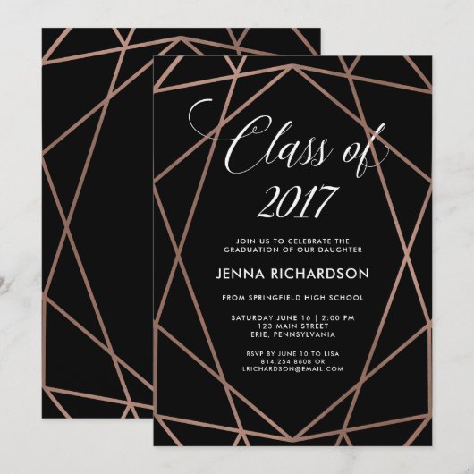 Invitation Faux Rose Gold Géométrique sur Black Graduation Pa (Devant / Derrière)
