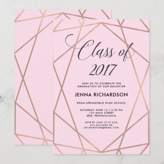 Invitation Faux Rose Gold Géométrique sur Blush Pink Graduati (Devant / Derrière)
