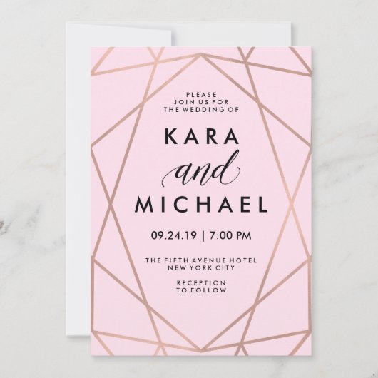 Invitation Faux Rose Gold Géométrique sur Mariage rose pâle (Devant)
