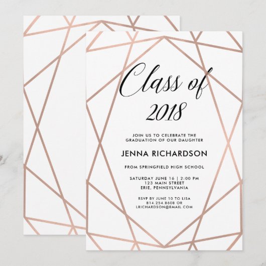 Invitation Faux Rose Gold Géométrique sur White Graduation Pa (Devant / Derrière)