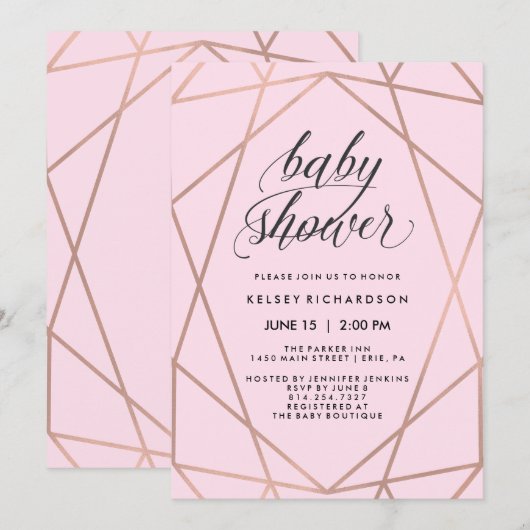 Invitation Faux Rose Gold Geometry sur Baby shower rose pâle (Devant / Derrière)