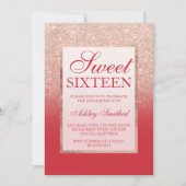 Invitation Faux rose gold glitter red chic Sweet 16 (Devant)