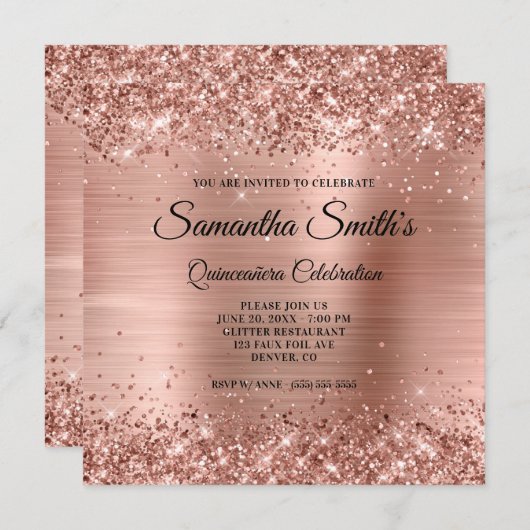 Invitation Faux Rose Gold Parties scintillant et Foil Quincea (Devant / Derrière)