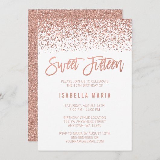 Invitation Faux Rose Gold Parties scintillant Sweet 15 Annive (Devant / Derrière)