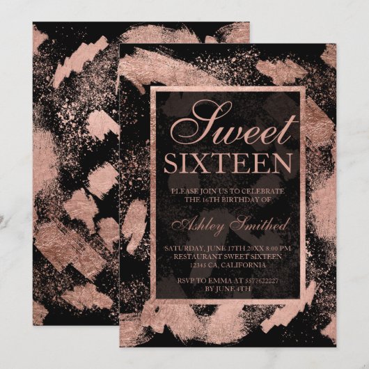 Invitation Faux rose or bracelets splatter chic Sweet 16 (Devant / Derrière)