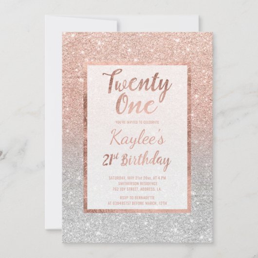 Invitation Faux rose or faux parties scintillant argent chic  (Devant)