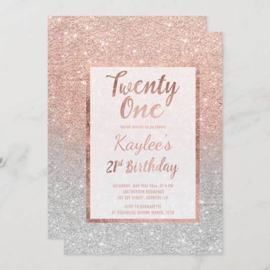 Invitation Faux rose or faux parties scintillant argent chic  (Devant / Derrière)