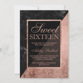 Invitation Faux rose or noir marbre bloc couleur Sweet 16 (Devant)