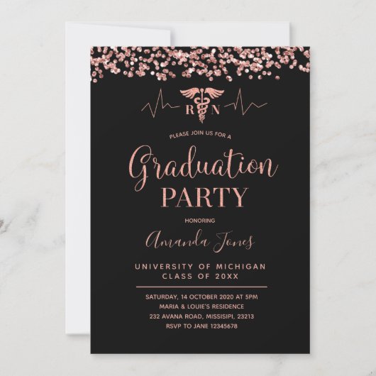 Invitation FAUX ROSE OR Noir RN Nurse Graduation Party (Devant)