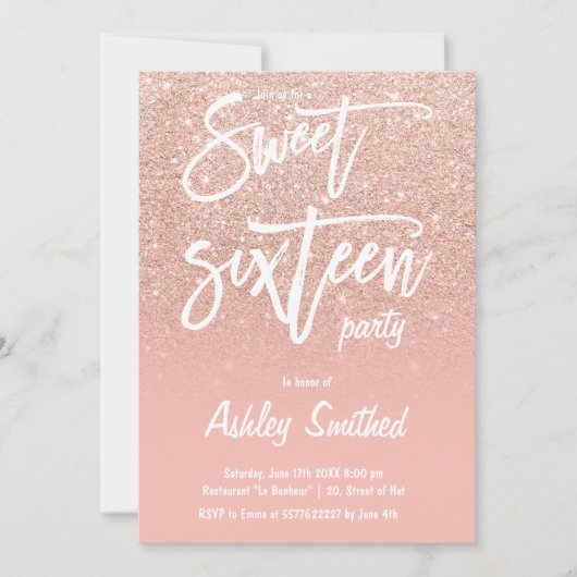 Invitation Faux rose or parties scintillant ombre typographie (Devant)