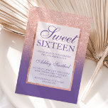 Invitation Faux rose or parties scintillant ombre violet doux<br><div class="desc">Une douche à parties scintillant en or faux rose moderne, assez chic et élégante ombre avec violet violet violet bloc couleur Sweet 16 anniversaire invitation à la fête avec or rose ombre motif avec violet violet violet et élégant cadre or Parfait pour un Sweet sixteen princesse, parfait pour elle, la...</div>