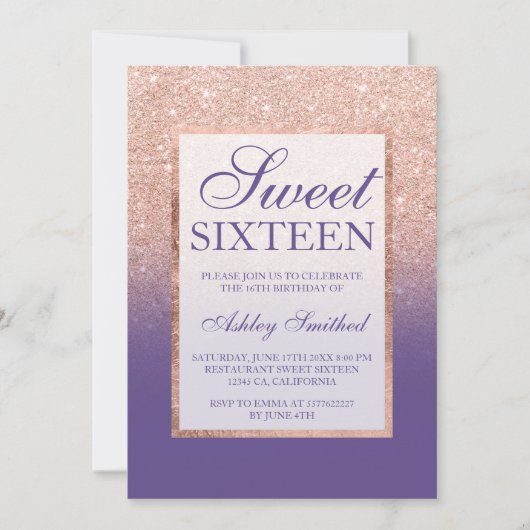 Invitation Faux rose or parties scintillant ombre violet doux (Devant)