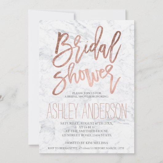 Invitation Faux rose or typographie marbre douche nuptiale (Devant)