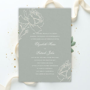 Invitation Faux Roses en relief Vert Sauge Mariage Formel