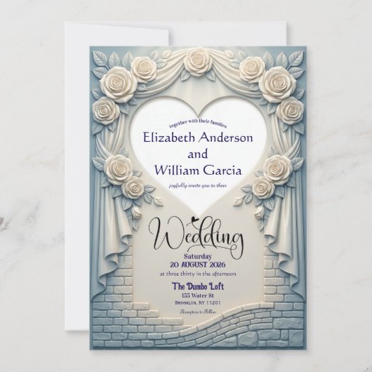 Invitation Faux Sculpted Romantic Blue Rose Drapery Heart (Devant)