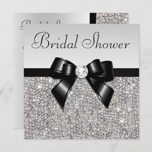Invitation Faux Séquins Argent Chic Black Bow Fête des mariée (Devant / Derrière)