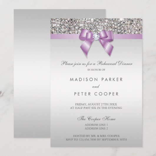 Invitation Faux Séquins Argent Lilac Bow Dîner De Répétition (Devant / Derrière)