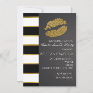 Invitation Faux Shimmer Lèvres Noir Blanc & Or Baiser Fête