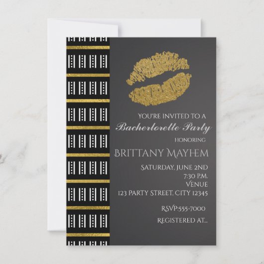 Invitation Faux Shimmer Lèvres Noir Blanc & Or Baiser Fête (Devant)