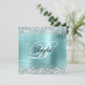 Invitation Faux Shiny Silver Parties scintillant Turquoise Fo (Debout devant)