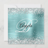 Invitation Faux Shiny Silver Parties scintillant Turquoise Fo (Devant)
