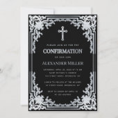 Invitation Faux Silver Black Elegant Vintage Boy Confirmation (Devant)