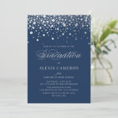 Invitation Faux Silver Foil Confetti Dots Blue Graduation (Debout devant)