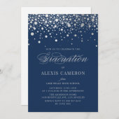 Invitation Faux Silver Foil Confetti Dots Blue Graduation (Devant / Derrière)