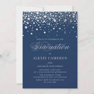 Invitation Faux Silver Foil Confetti Dots Blue Graduation