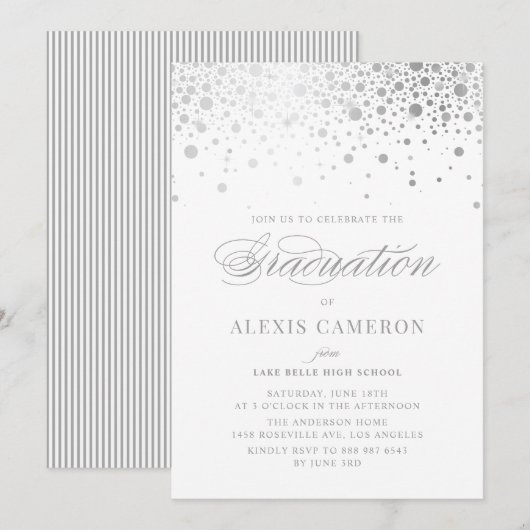 Invitation Faux Silver Foil Confetti Dots Graduation (Devant / Derrière)
