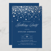 Invitation Faux Silver Foil Confetti Dots Marine Bleu Anniver (Devant / Derrière)