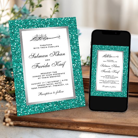 Invitation Faux Silver Foil Parties scintillant Turquoise Mar