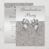 Invitation Faux Silver Jewels Bow Girls (Devant / Derrière)