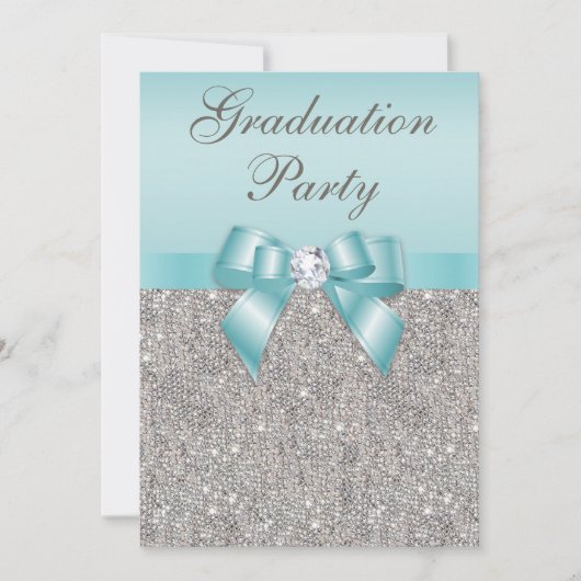 Invitation Faux Silver Jewels Turquoise Bow Girls Graduation (Devant)