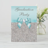 Invitation Faux Silver Jewels Turquoise Bow Girls Graduation (Debout devant)