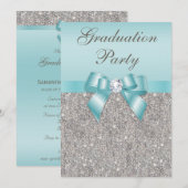 Invitation Faux Silver Jewels Turquoise Bow Girls Graduation (Devant / Derrière)