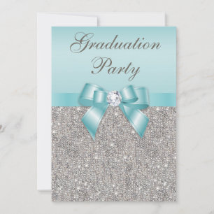 Invitation Faux Silver Jewels Turquoise Bow Girls Graduation