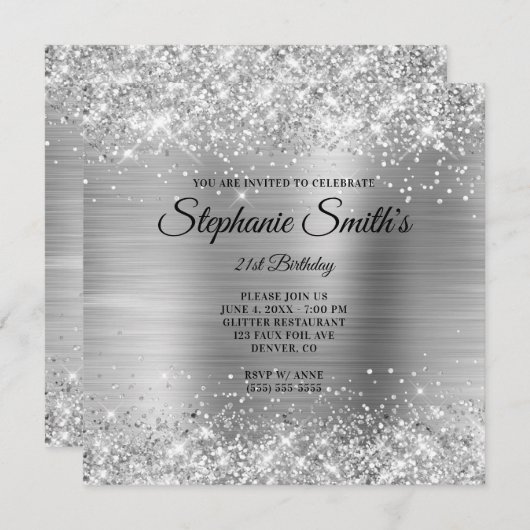 Invitation Faux Silver Parties scintillant Foil Monogramme 21 (Devant / Derrière)