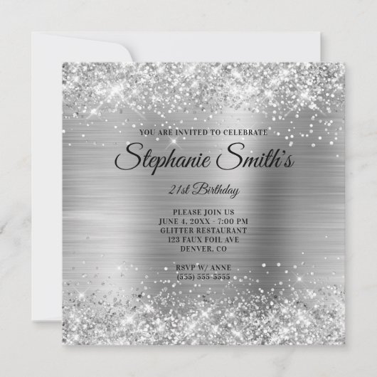 Invitation Faux Silver Parties scintillant Foil Monogramme 21 (Devant)