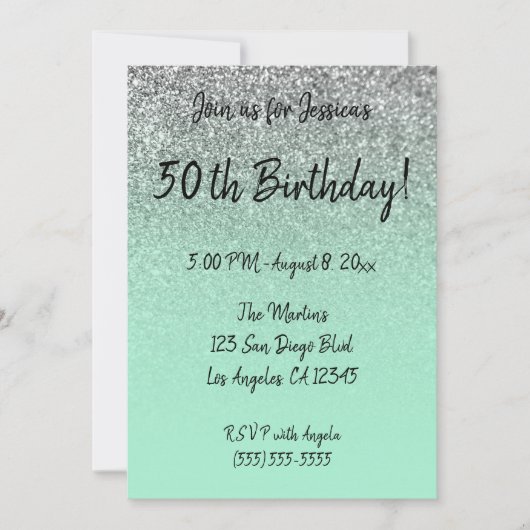 Invitation Faux Silver Parties scintillant Mint Green Ombre 5 (Devant)