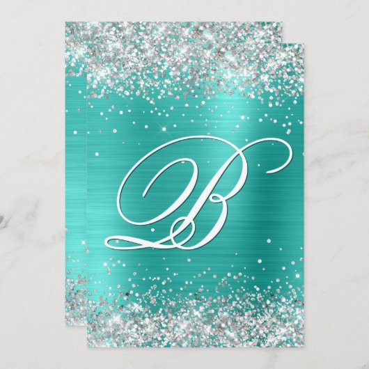 Invitation Faux Silver Parties scintillant Turquoise Foil 50e (Devant / Derrière)