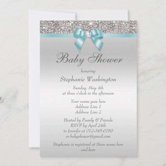 Invitation Faux Silver Sequins Baby shower bleu Turquoise (Dos)