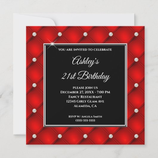 Invitation Faux Sparkly Diamond Tufted Red 21e anniversaire (Devant)