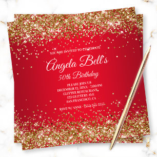 Invitation Faux Sparkly Gold Parties scintillant Bright Red O