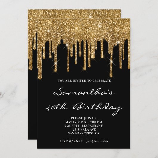 Invitation Faux Sparkly Gold Parties scintillant Drives Black (Devant / Derrière)