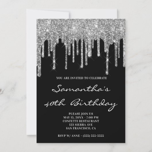 Invitation Faux Sparkly Parties scintillant argent gouttes no (Devant)