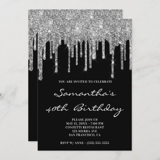 Invitation Faux Sparkly Parties scintillant argent gouttes no (Devant / Derrière)