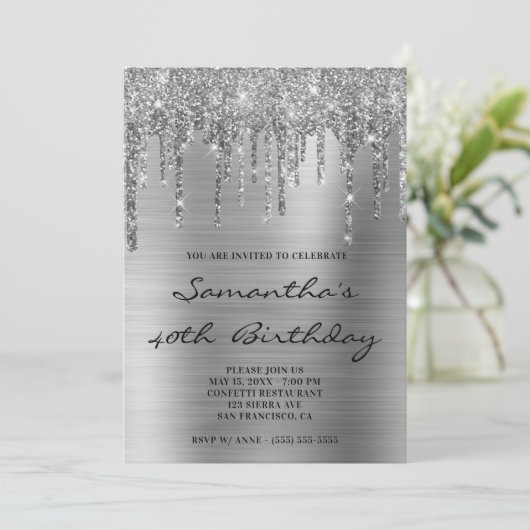 Invitation Faux Sparkly Parties scintillant en argent gouttes (Debout devant)