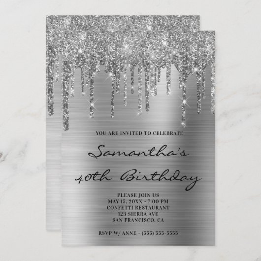 Invitation Faux Sparkly Parties scintillant en argent gouttes (Devant / Derrière)